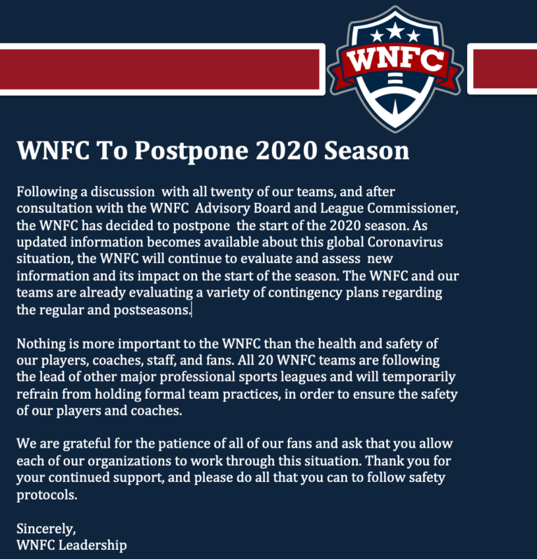 WNFC To Postpone 2020 Season